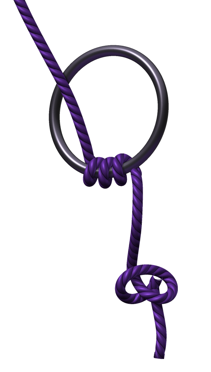 Ein Stahlring, um den ein violettes Seil gewickelt ist, das darunter in einem Knoten endet